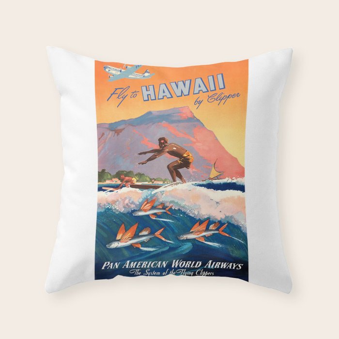 1947 Fly To Hawaii By Clipper Pan American Travel Poster Throw Pillow Gallery Image 1