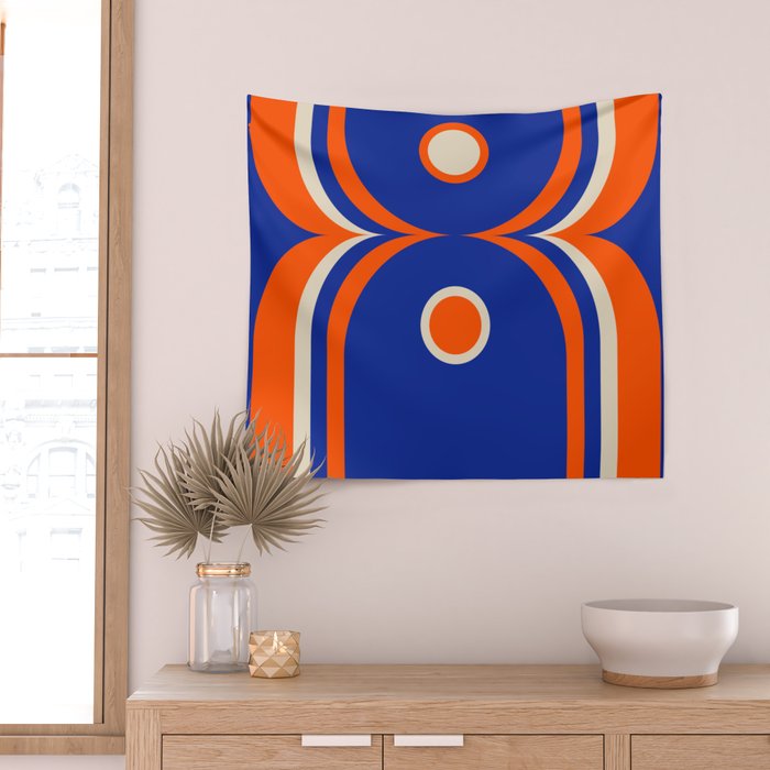 Mod Curves Retro Abstract in Bright Blue and Orange Wall Tapestry Gallery Image 2