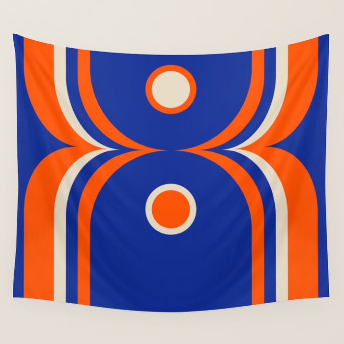 Mod Curves Retro Abstract in Bright Blue and Orange Wall Tapestry Gallery Image 1