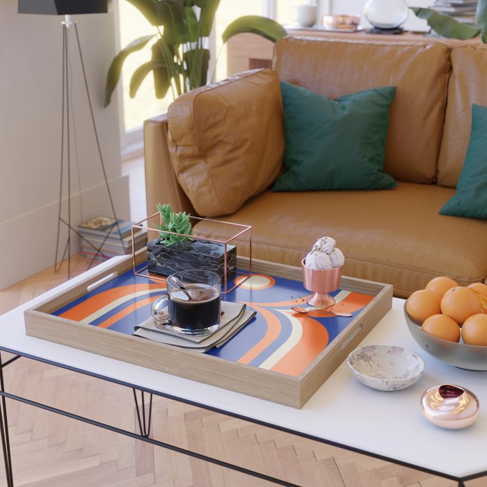 Mod Curves Retro Abstract in Bright Blue and Orange Serving Tray Gallery Image 2