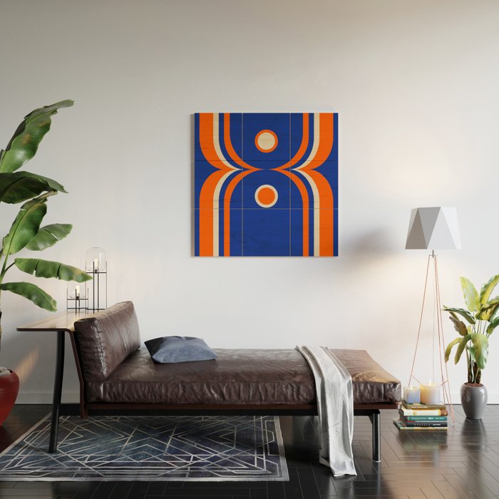Mod Curves Retro Abstract in Bright Blue and Orange Wood Wall Art Gallery Image 2