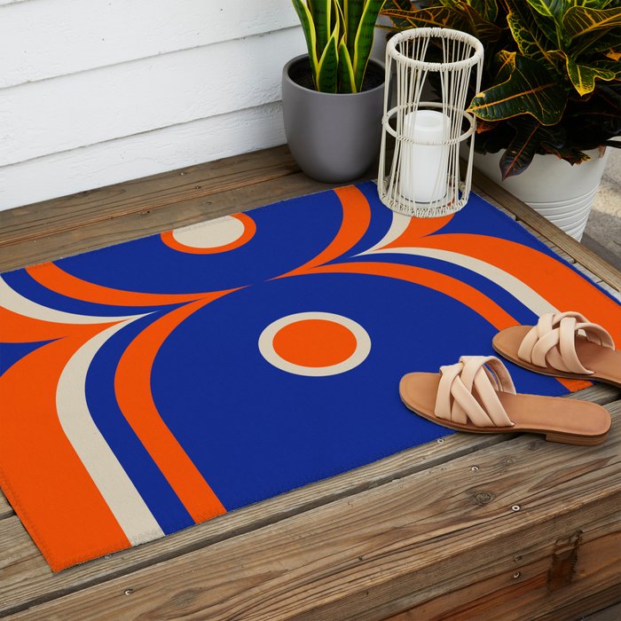 Mod Curves Retro Abstract in Bright Blue and Orange Outdoor Rug Gallery Image 2