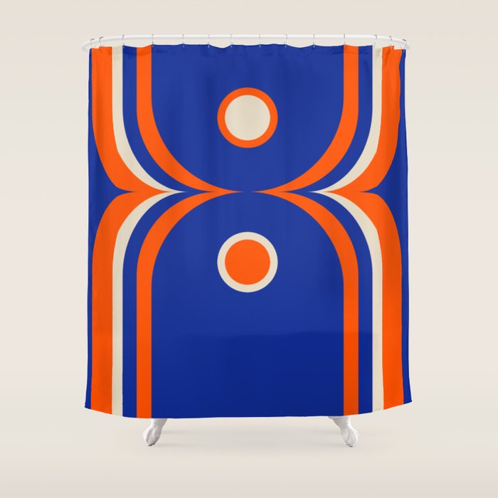 Mod Curves Retro Abstract in Bright Blue and Orange Shower Curtain Gallery Image 1