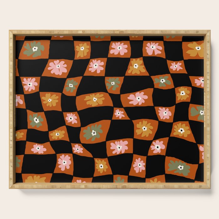 Retro floral check 1 Serving Tray Gallery Image 1