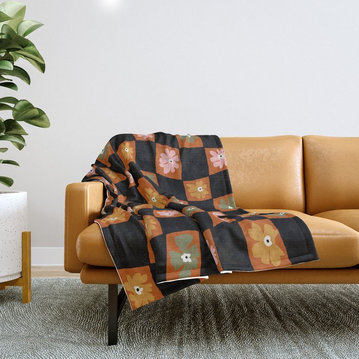 Retro floral check 1 Throw Blanket Gallery Image 1