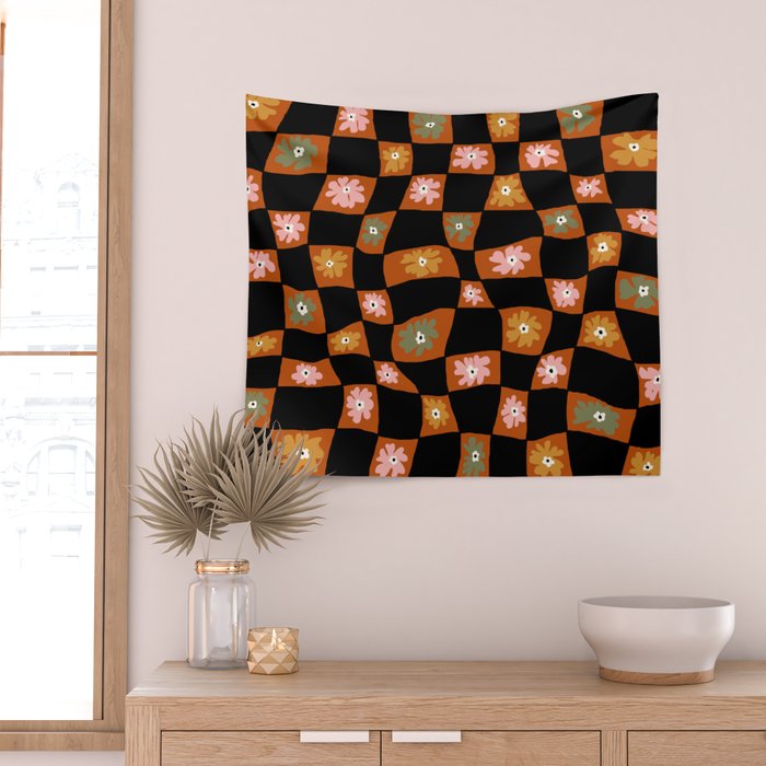 Retro floral check 1 Wall Tapestry Gallery Image 2