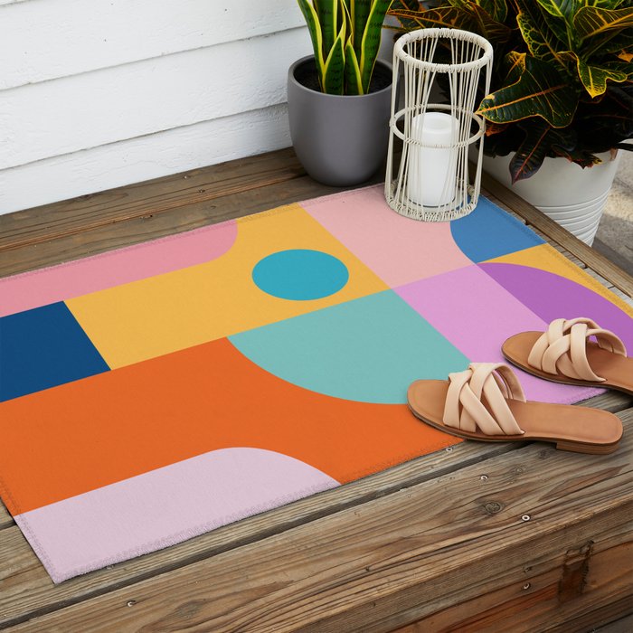 Playful Color Block Shapes in Bright Shades of Orange, Blue, Yellow, and Pink Outdoor Rug Gallery Image 2
