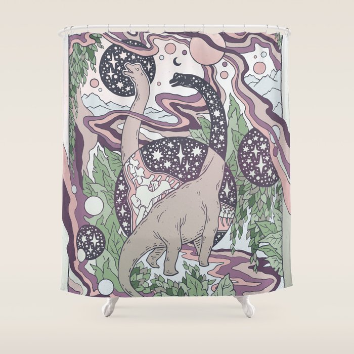 Jurassic Portal | Purple Haze Palette | Dinosaur Science Fiction Art Shower Curtain Gallery Image 1