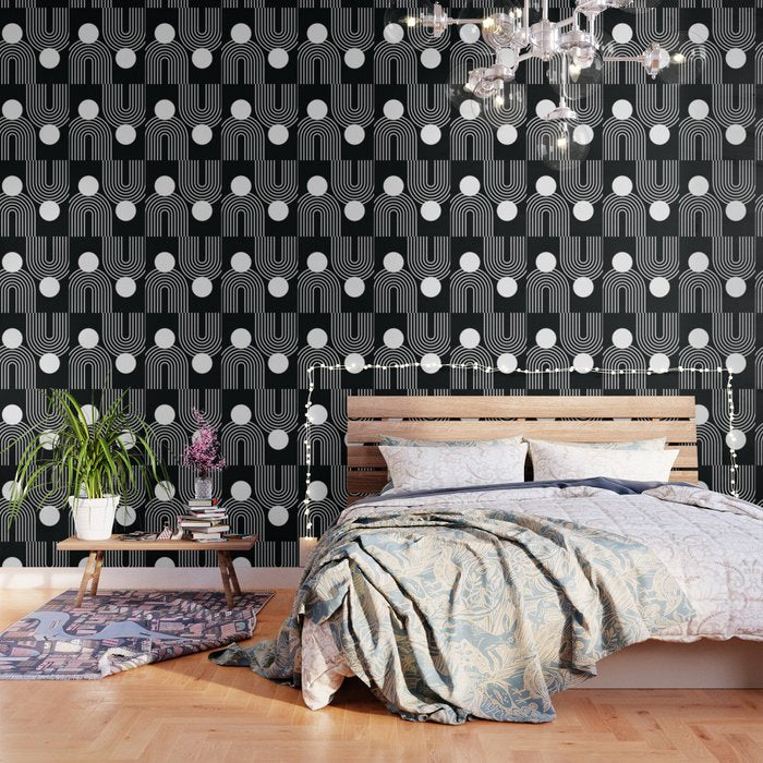 Mid Century Modern Geometric 191 in White and Black Wallpaper Gallery Image 3
