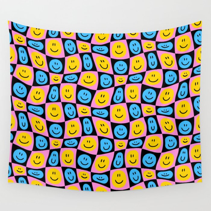 Retro happy smiling face checkered pattern Wall Tapestry Gallery Image 1