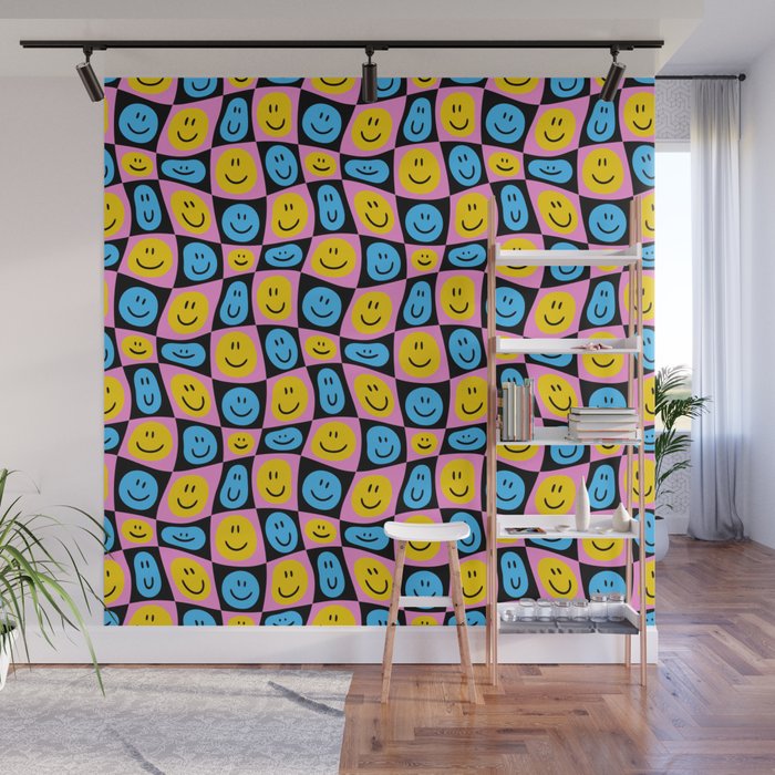 Retro happy smiling face checkered pattern Wall Mural Gallery Image 1