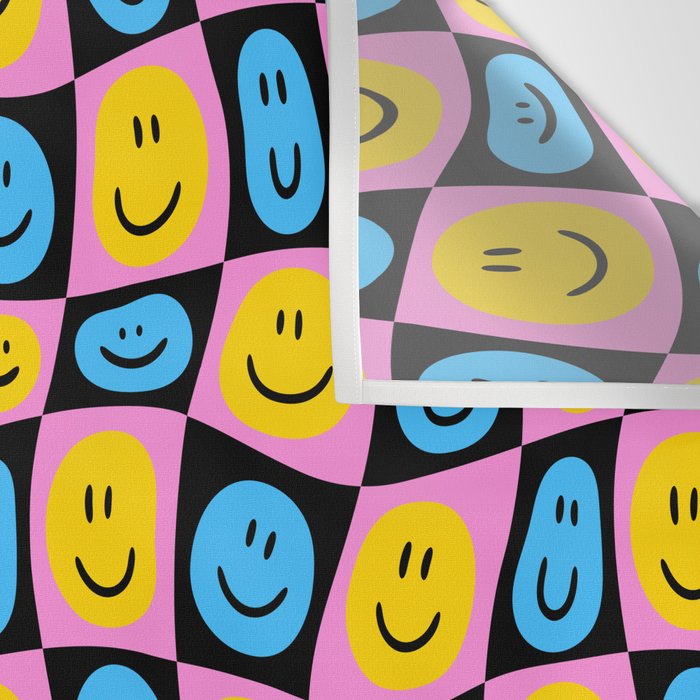 Retro happy smiling face checkered pattern Wall Tapestry Gallery Image 3