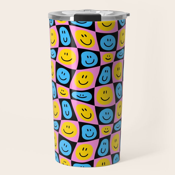 Retro happy smiling face checkered pattern Travel Mug Gallery Image 1