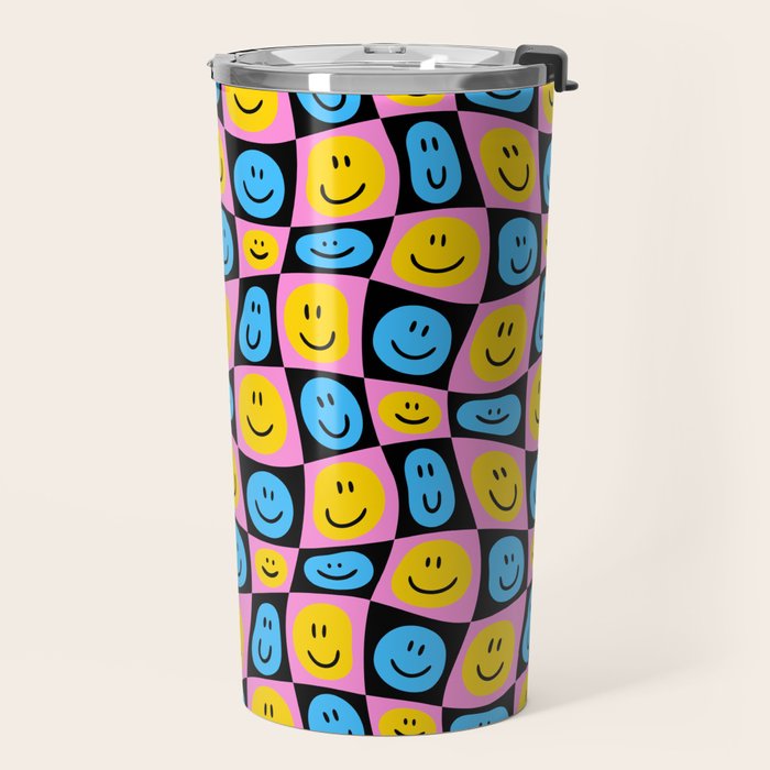 Retro happy smiling face checkered pattern Travel Mug Gallery Image 2