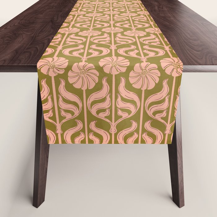 Hand-Drawn Pink And Olive Green Botanical Floral Pattern Table Runner Gallery Image 1