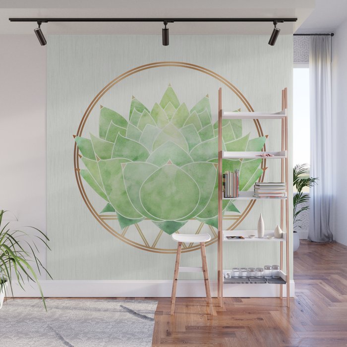 Watercolor Succulent Plant with Metallic Gold Wall Mural Gallery Image 1