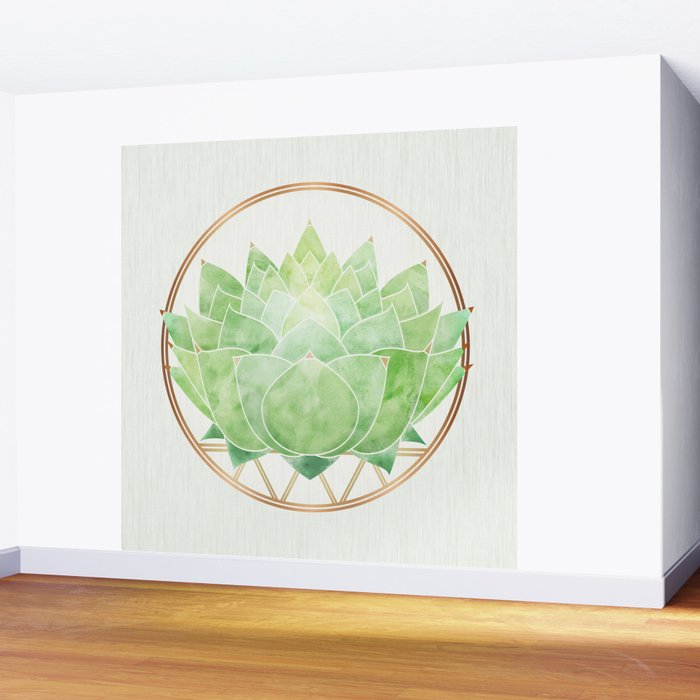 Watercolor Succulent Plant with Metallic Gold Wall Mural Gallery Image 2