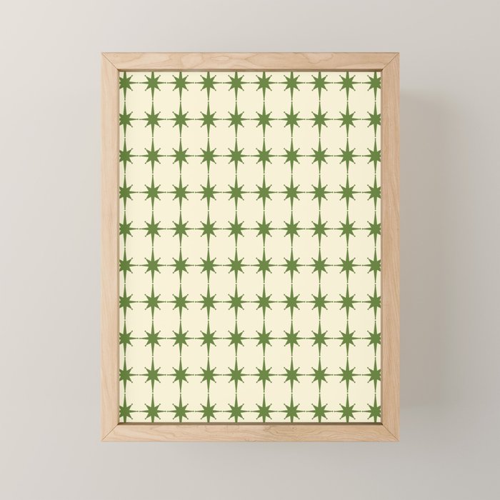 Mid Century Modern Atomic Stars Grid in Retro Christmas Green and Cream Mini Art Print Gallery Image 1