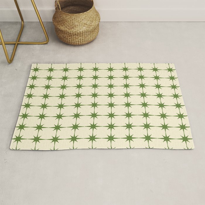 Mid Century Modern Atomic Stars Grid in Retro Christmas Green and Cream Rug Gallery Image 1