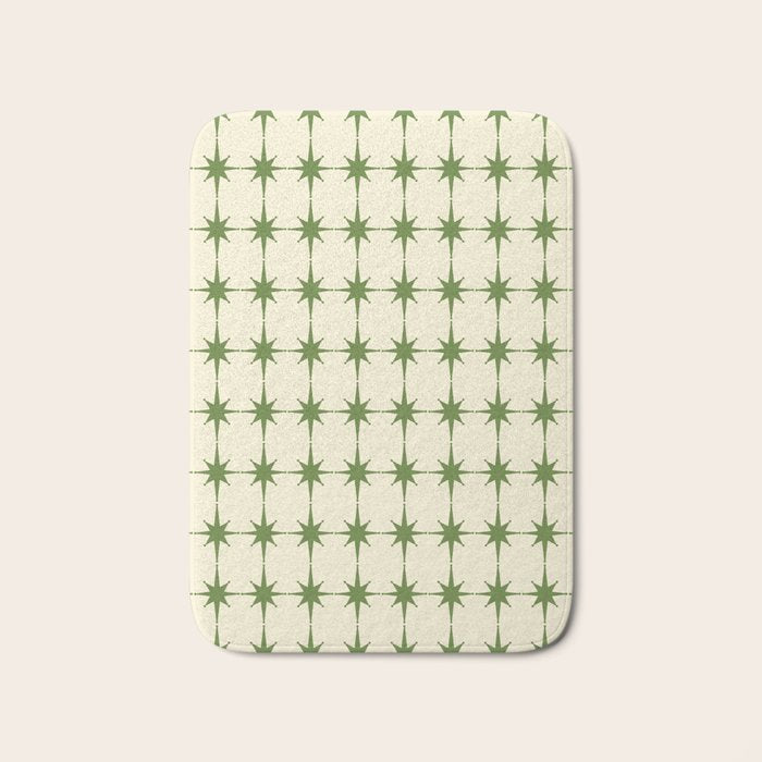 Mid Century Modern Atomic Stars Grid in Retro Christmas Green and Cream Bath Mat Gallery Image 1