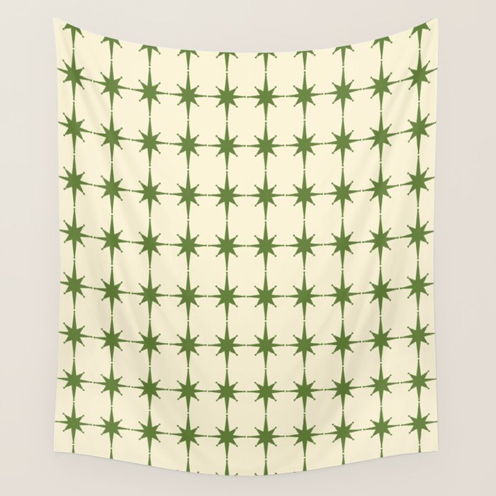 Mid Century Modern Atomic Stars Grid in Retro Christmas Green and Cream Wall Tapestry Gallery Image 4