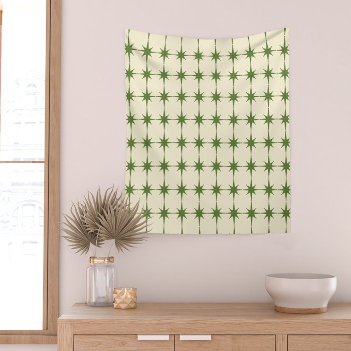 Mid Century Modern Atomic Stars Grid in Retro Christmas Green and Cream Wall Tapestry Gallery Image 2