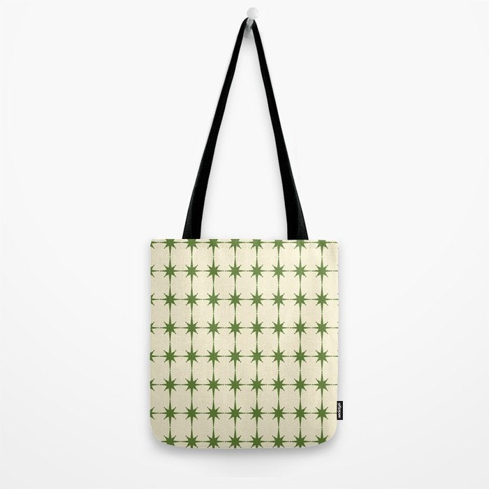 Mid Century Modern Atomic Stars Grid in Retro Christmas Green and Cream Tote Bag Gallery Image 2