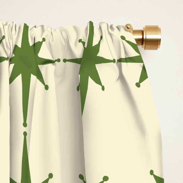 Mid Century Modern Atomic Stars Grid in Retro Christmas Green and Cream Window Curtain Gallery Image 2