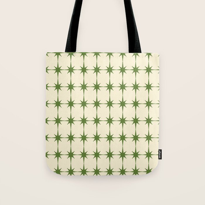 Mid Century Modern Atomic Stars Grid in Retro Christmas Green and Cream Tote Bag Gallery Image 1