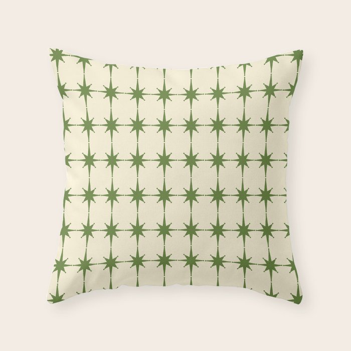 Mid Century Modern Atomic Stars Grid in Retro Christmas Green and Cream Throw Pillow Gallery Image 6