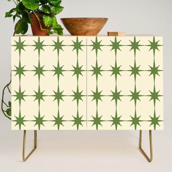 Mid Century Modern Atomic Stars Grid in Retro Christmas Green and Cream Credenza Gallery Image 1