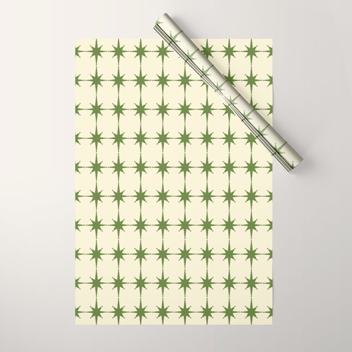 Mid Century Modern Atomic Stars Grid in Retro Christmas Green and Cream Wrapping Paper Gallery Image 1