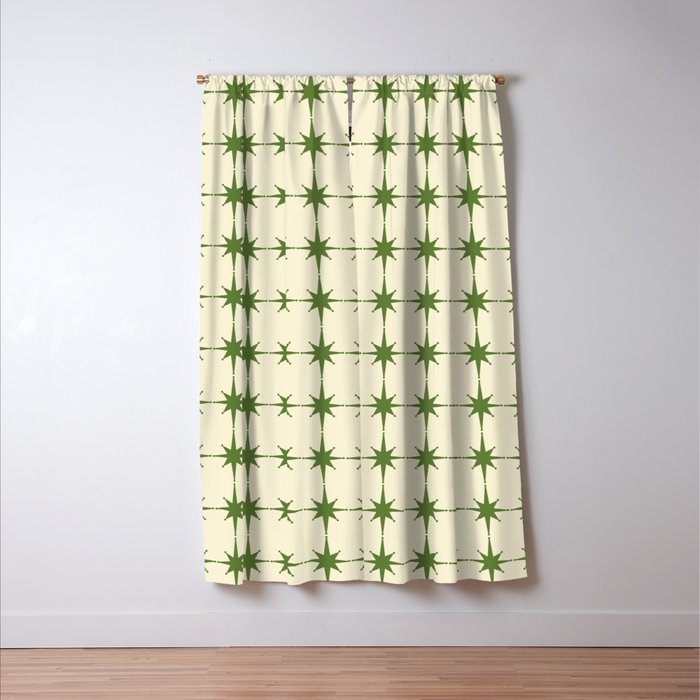 Mid Century Modern Atomic Stars Grid in Retro Christmas Green and Cream Window Curtain Gallery Image 3