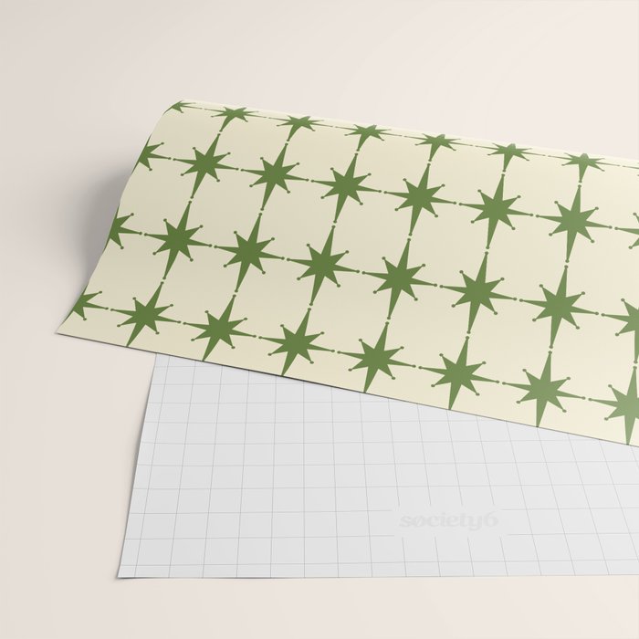 Mid Century Modern Atomic Stars Grid in Retro Christmas Green and Cream Wrapping Paper Gallery Image 2