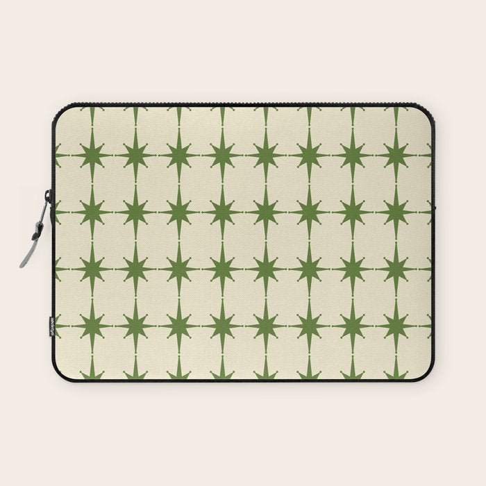 Mid Century Modern Atomic Stars Grid in Retro Christmas Green and Cream Laptop Sleeve Gallery Image 1