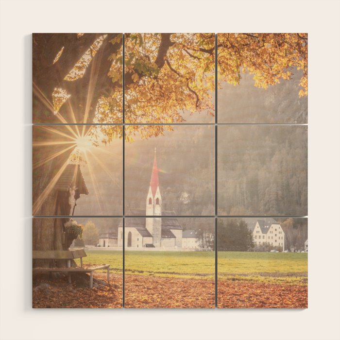 Golden Light and Silence Autumn Chapel in South Tyrol  Wood Wall Art Gallery Image 1