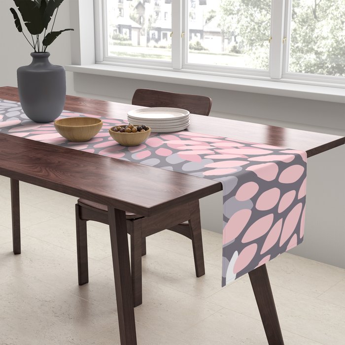 Festive, Floral Prints, Pink, White on Gray Table Runner Gallery Image 2
