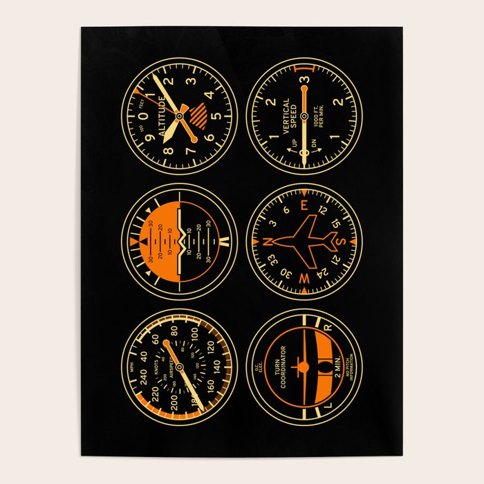 Aircraft Flight Instruments - 6 Pack Black Poster Gallery Image 1