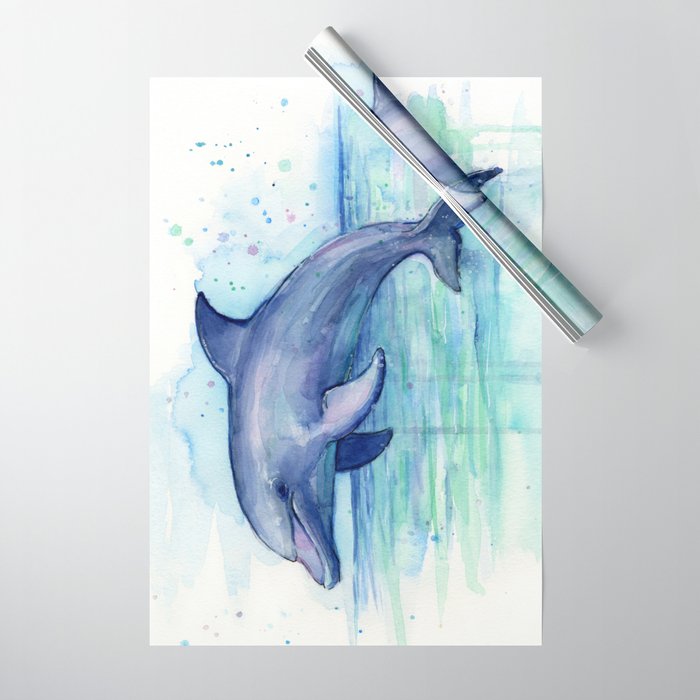 Dolphin Watercolor Sea Creature Animal Wrapping Paper Gallery Image 1