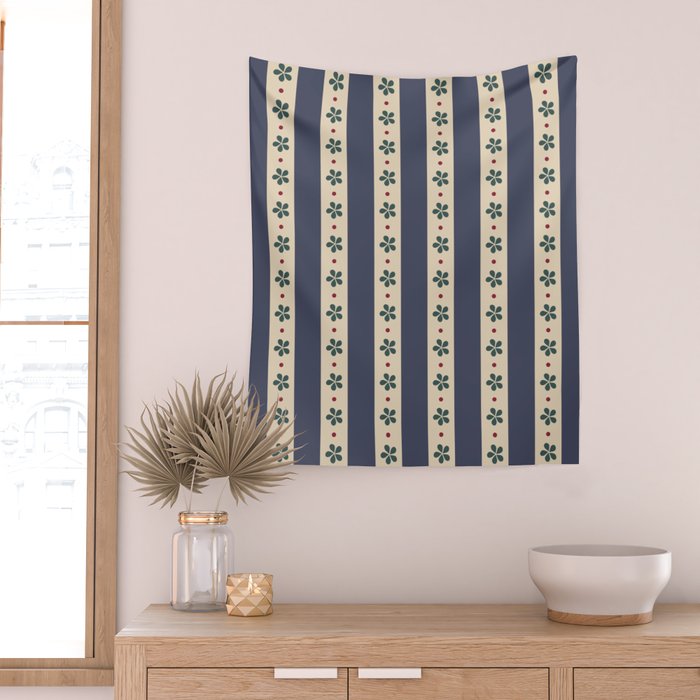 Blue Stripes And Flowers Wall Tapestry Gallery Image 2