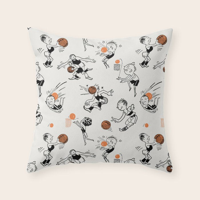 Basketball Fun Comic Illustration Pattern with Balls on Grey Background Throw Pillow Gallery Image 1