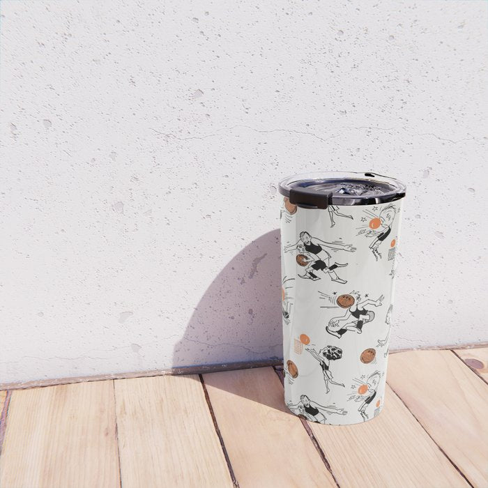 Basketball Fun Comic Illustration Pattern with Balls on Grey Background Travel Mug Gallery Image 4