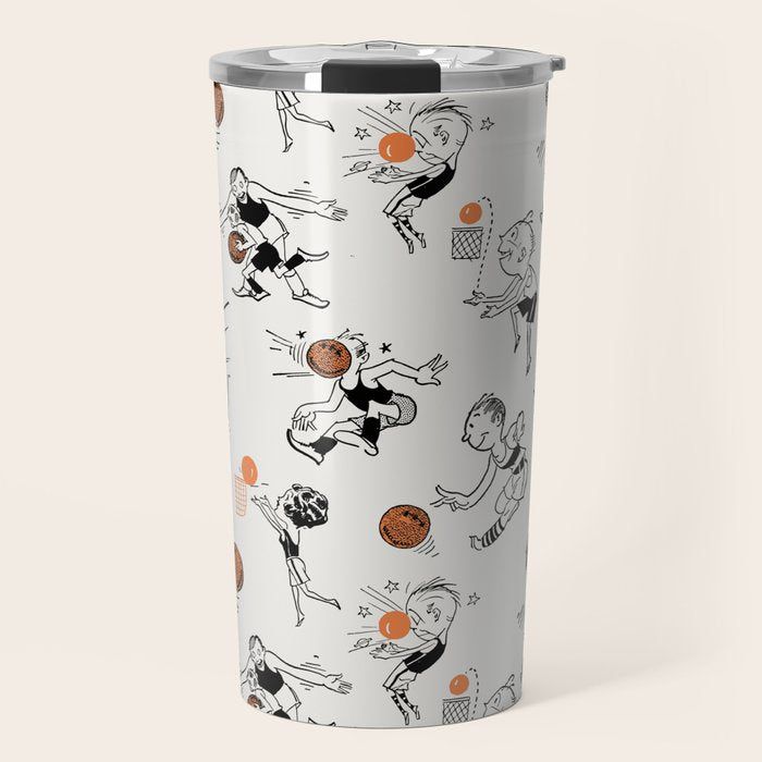 Basketball Fun Comic Illustration Pattern with Balls on Grey Background Travel Mug Gallery Image 1