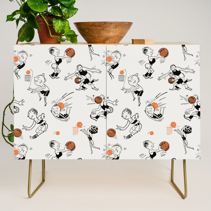 Basketball Fun Comic Illustration Pattern with Balls on Grey Background Credenza Gallery Image 1