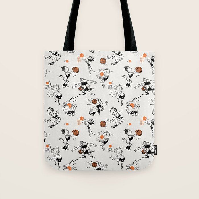 Basketball Fun Comic Illustration Pattern with Balls on Grey Background Tote Bag Gallery Image 1