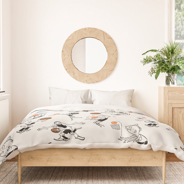 Basketball Fun Comic Illustration Pattern with Balls on Grey Background Duvet Cover Gallery Image 3
