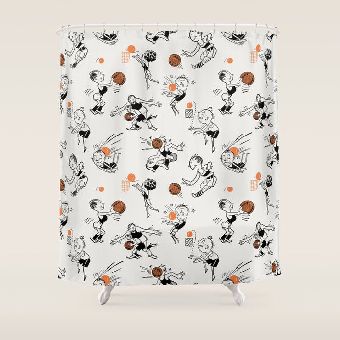 Basketball Fun Comic Illustration Pattern with Balls on Grey Background Shower Curtain Gallery Image 1