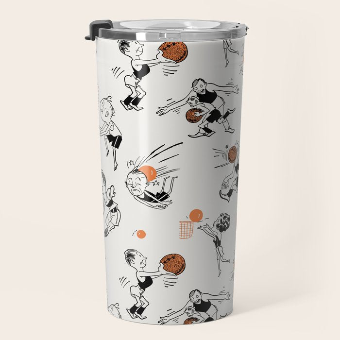 Basketball Fun Comic Illustration Pattern with Balls on Grey Background Travel Mug Gallery Image 3