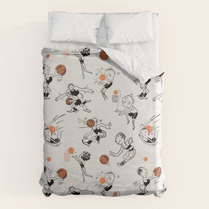 Basketball Fun Comic Illustration Pattern with Balls on Grey Background Duvet Cover Gallery Image 1