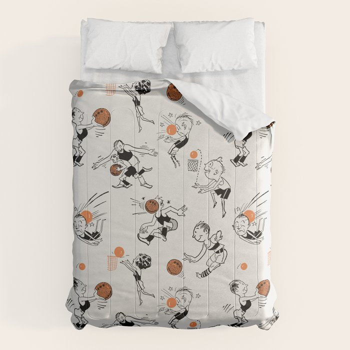 Basketball Fun Comic Illustration Pattern with Balls on Grey Background Comforter Gallery Image 1